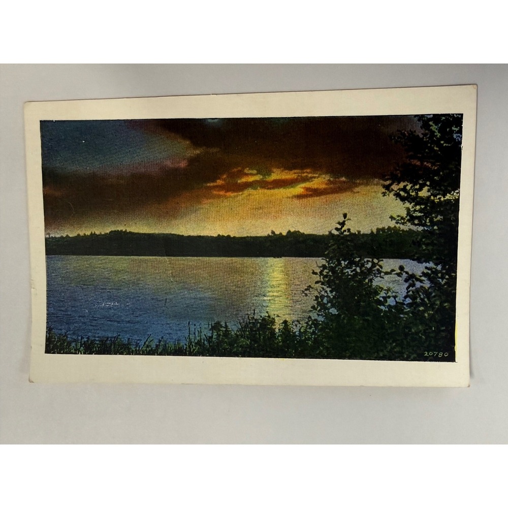 Vintage Linen Sunset Lake Postcard – Unposted Scenic Lake Landscape c. 1930s-40s